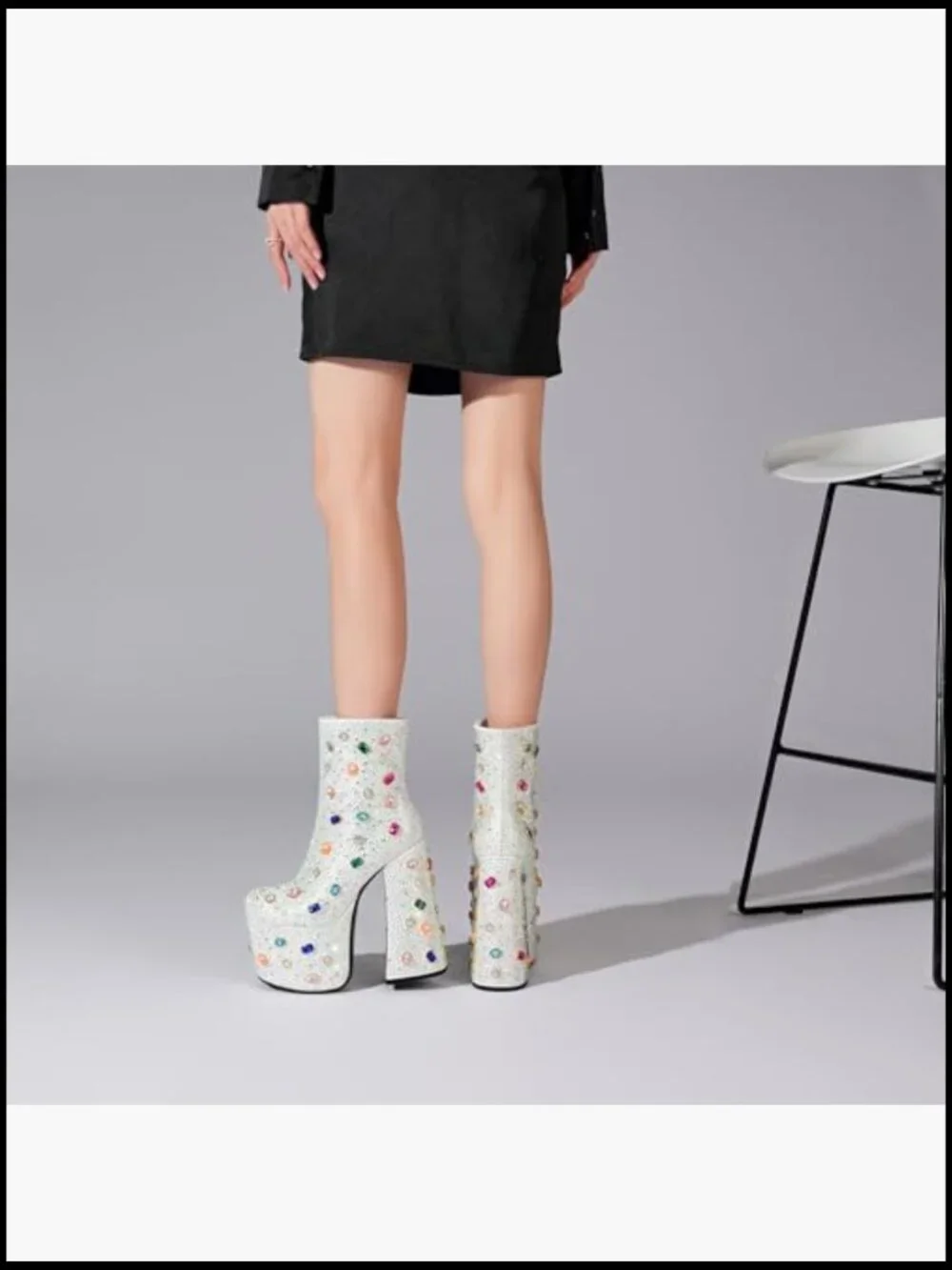 Embellished White Platform Ankle Booties with Multicolor Gems